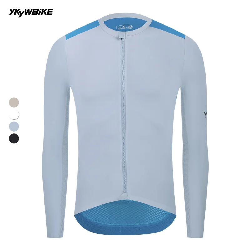 bicycle handlebar strength-YKYW 2025 Men's Long Sleeve Cycling Jersey Spring Summer Breathable Pro Team Bicycle Tops YKK Zipper Multiple Color Combinations Grayblue