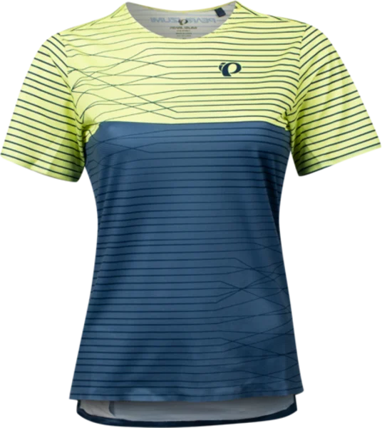 bicycle posture comfort-Pearl Izumi Launch Short Sleeve MTB Jersey - Womens - Sunny Lime-Dark Denim Frequency