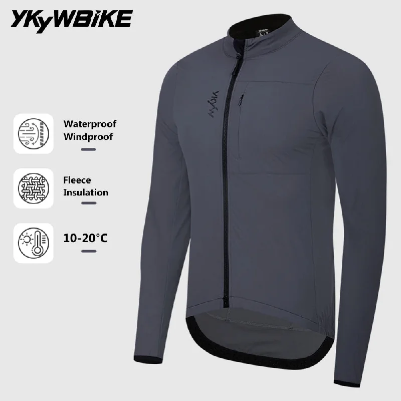 bicycle valve resilience-YKYW 10-20°C Men's Long Sleeve Cycling Jacket Waterproof Windproof Bicycle Windbreaker Warmth Fleece Road Bike Cycling Jersey Gray Tops